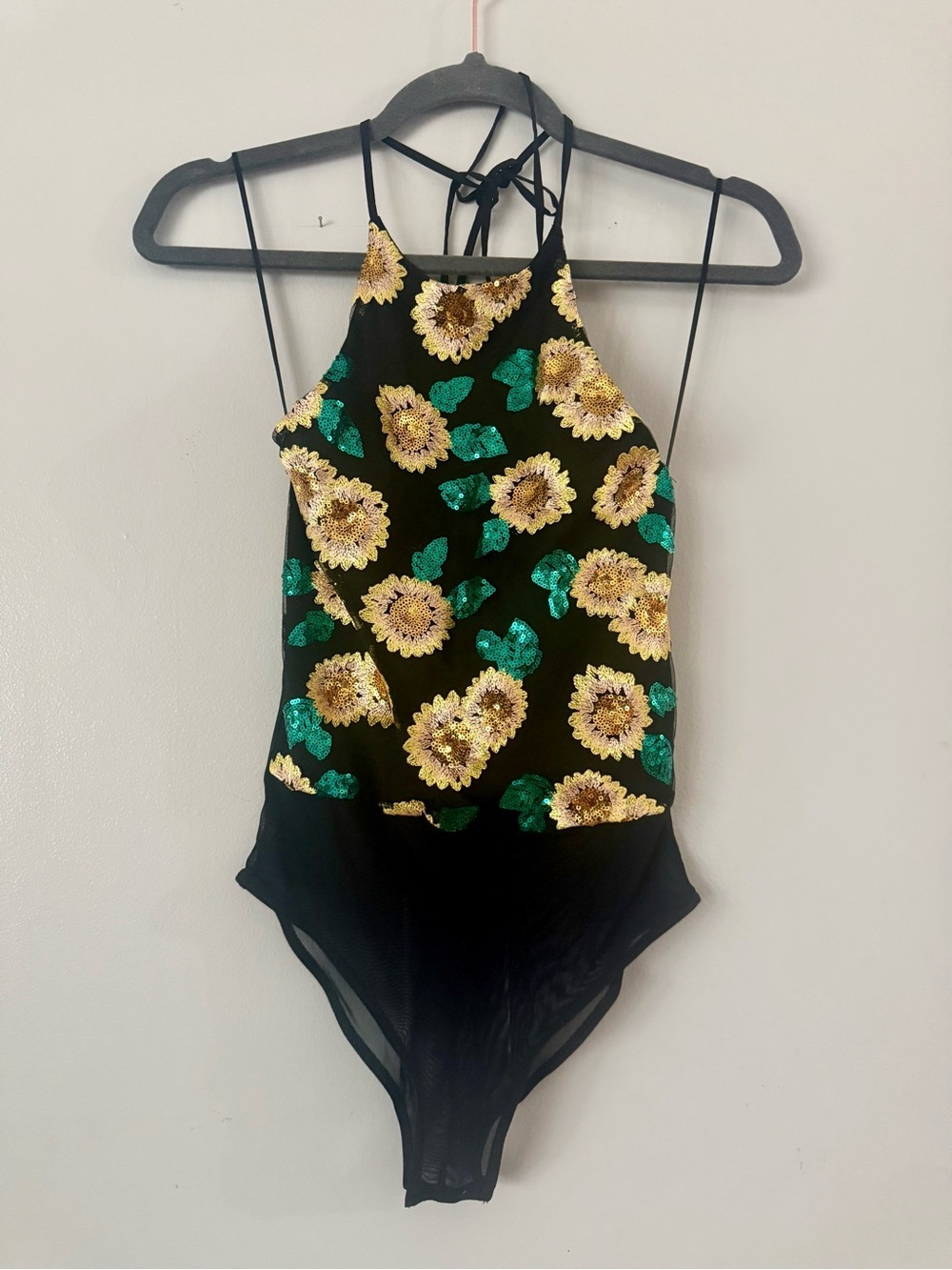 NWOT Topshop Coachella Sunflower Sequin Mesh Halter Bodysuit